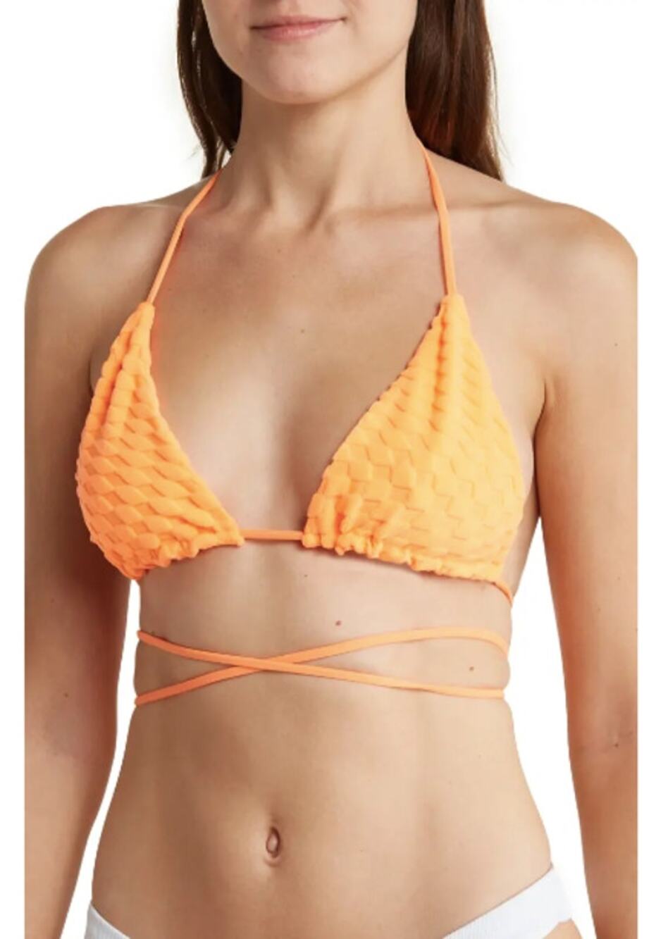 Good American Tiny Ties Bikini Top 2 Medium Orange  Jacquard Wave Check NWT